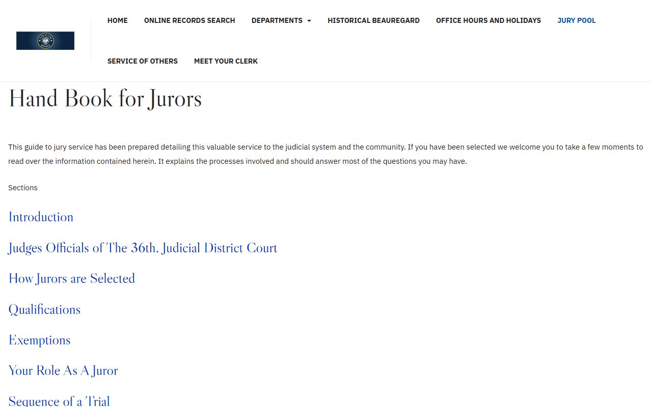 Beauregard Parish Clerk of Court jury pool records page