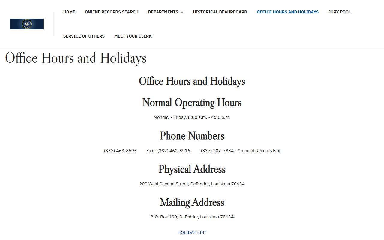 Beauregard Parish Clerk of Court contact and office hours