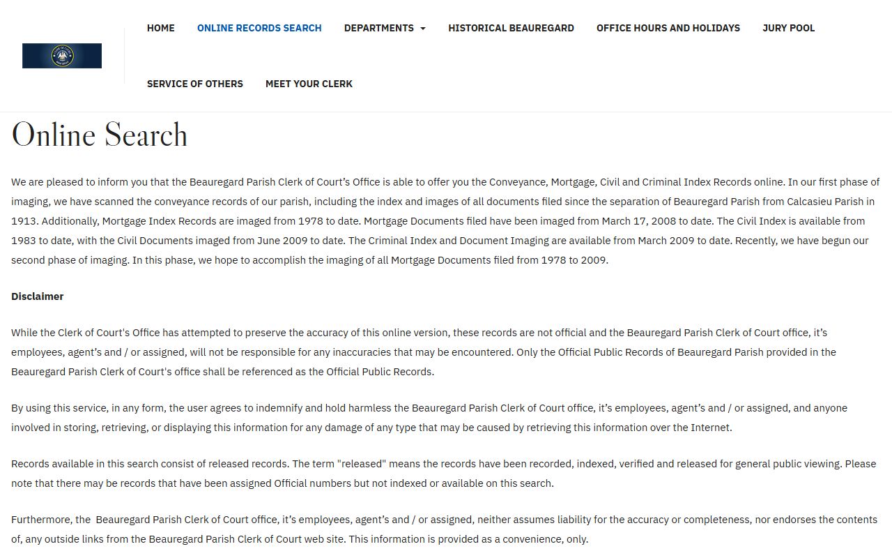 Beauregard Parish court records Clerk online records page