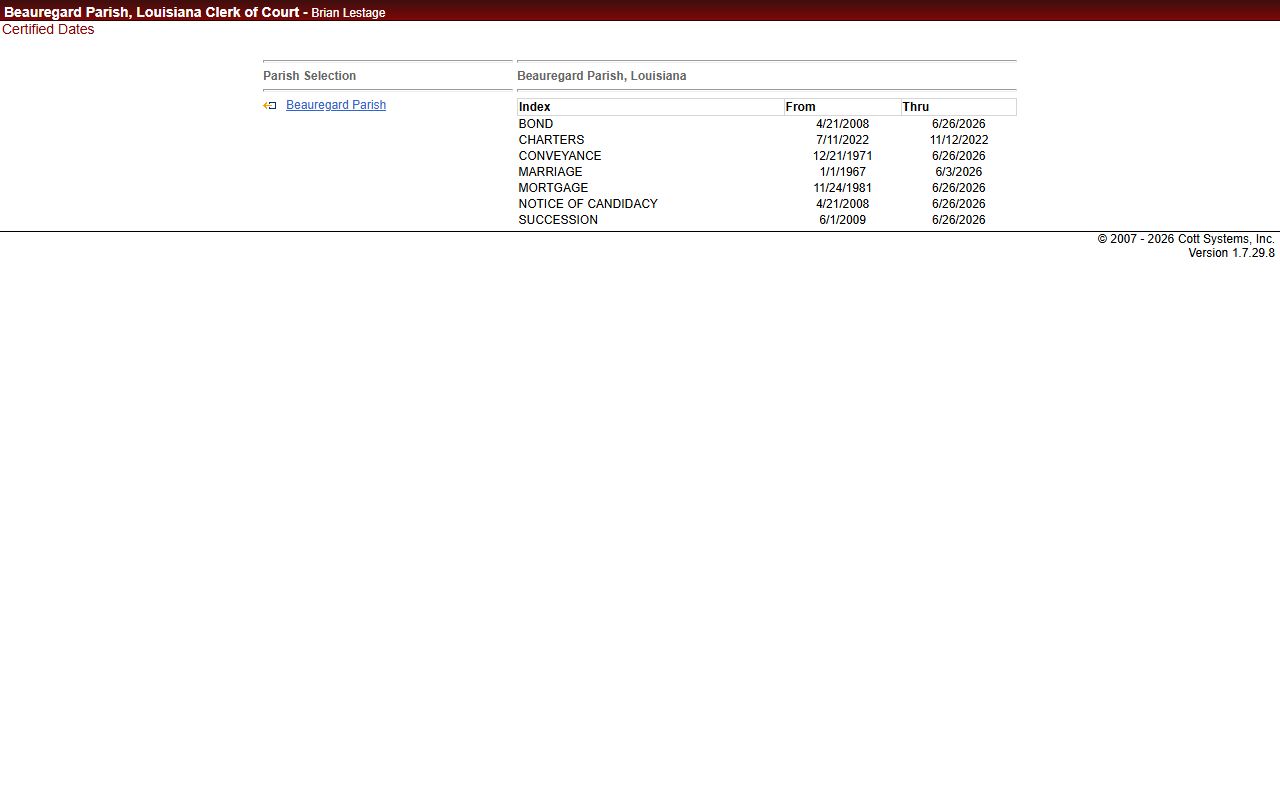 Beauregard Parish court records COTT certified dates screen