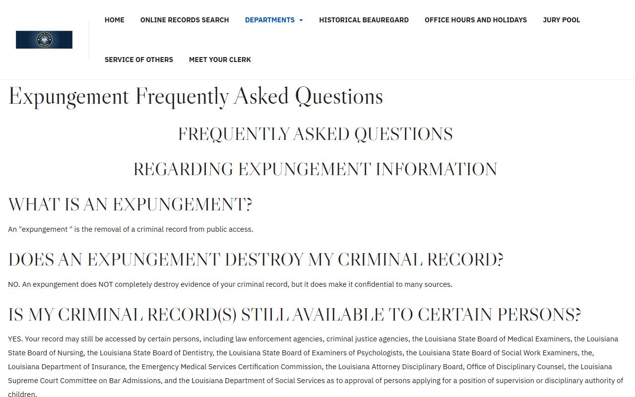 Beauregard Parish criminal court records expungement FAQ
