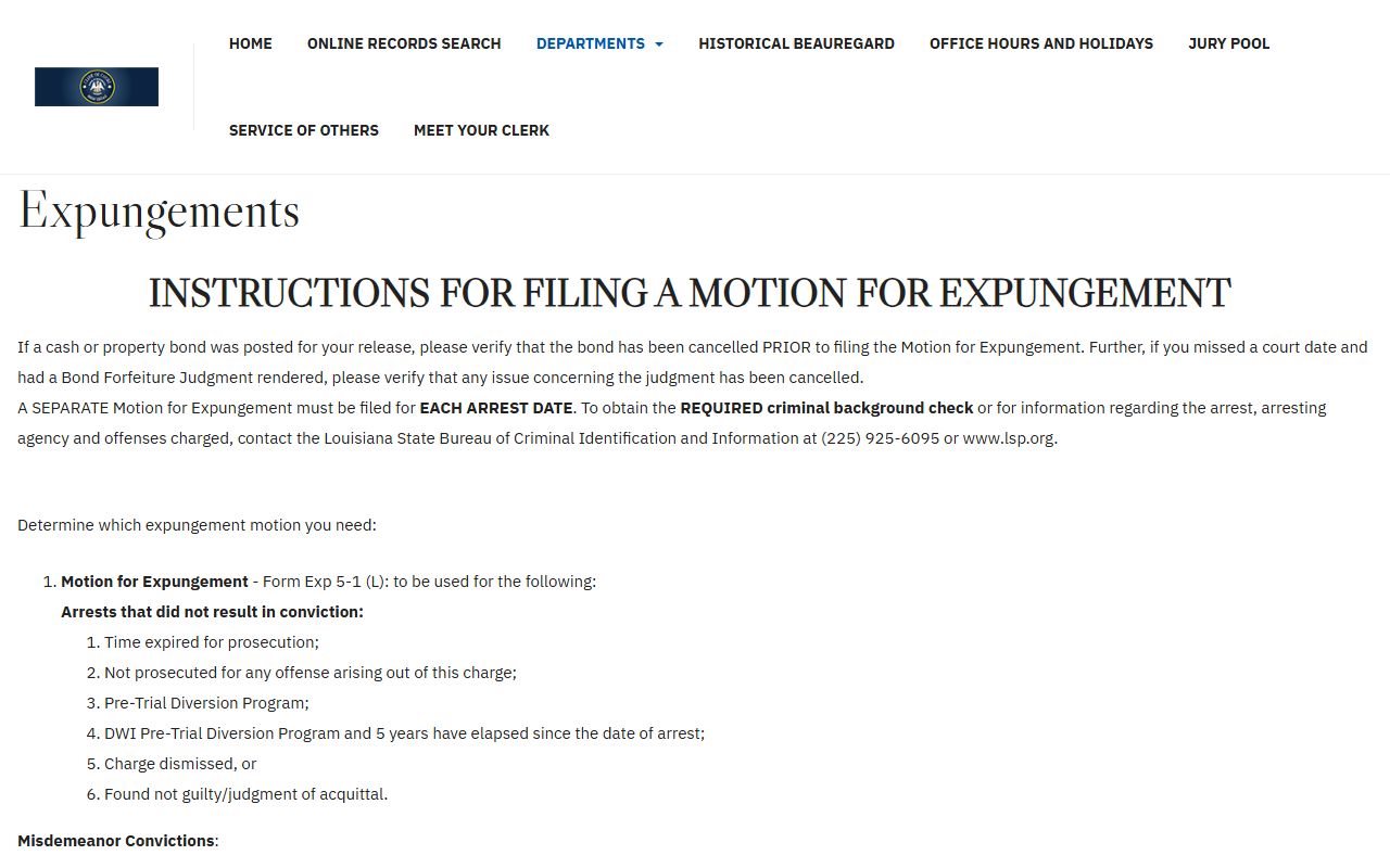 Beauregard Parish criminal court records expungement instructions