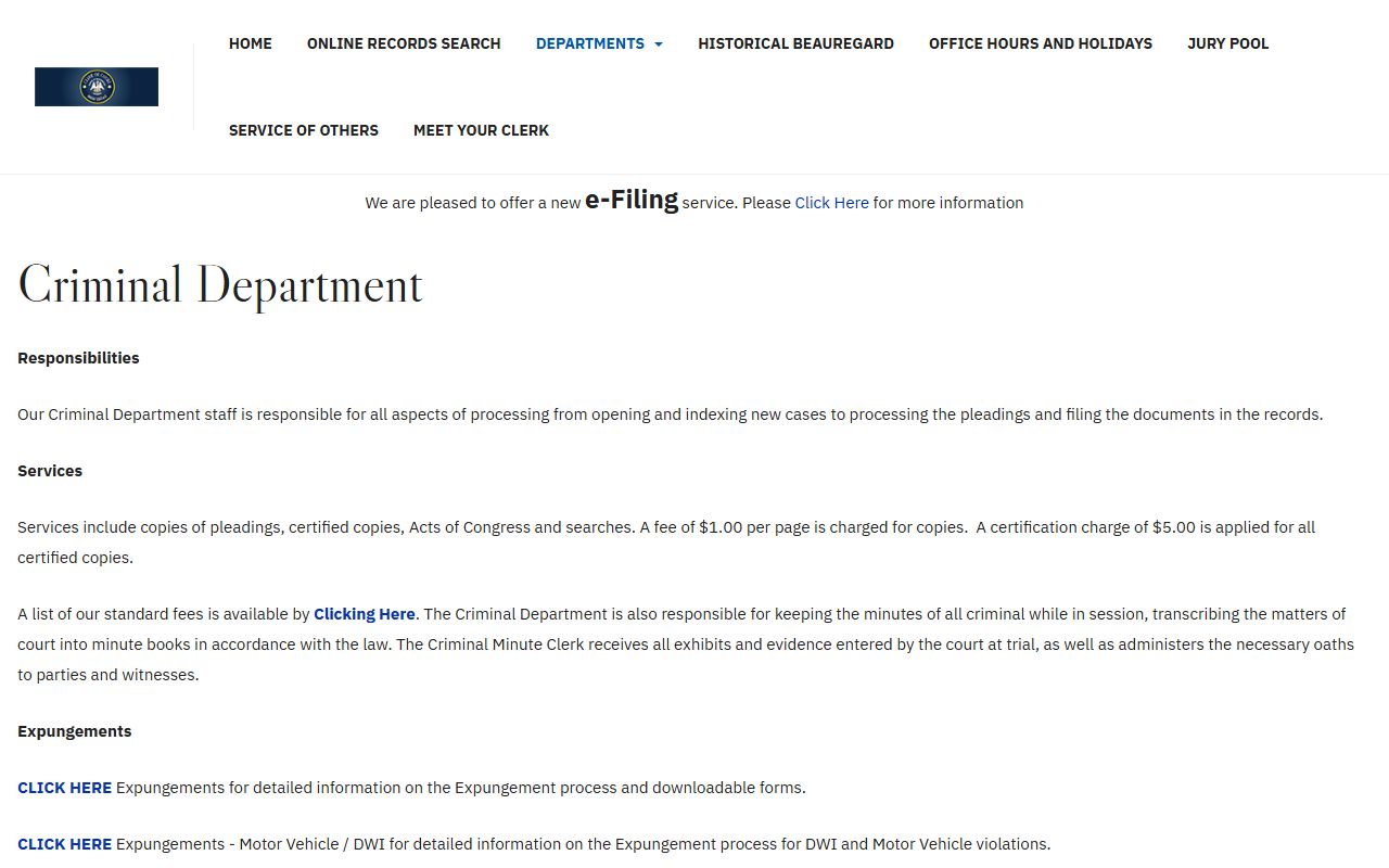 Beauregard Parish criminal court records Clerk criminal records department