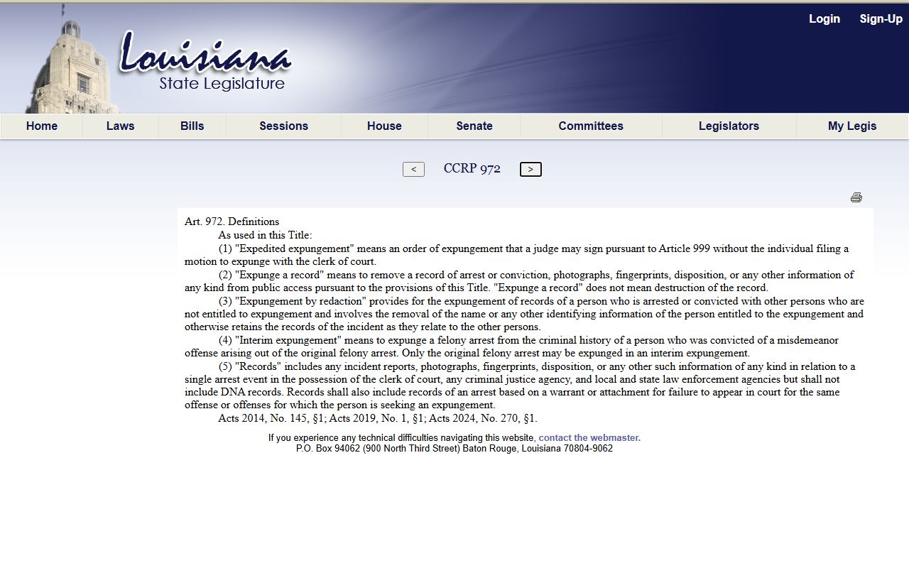Beauregard Parish criminal court records expungement definition statute