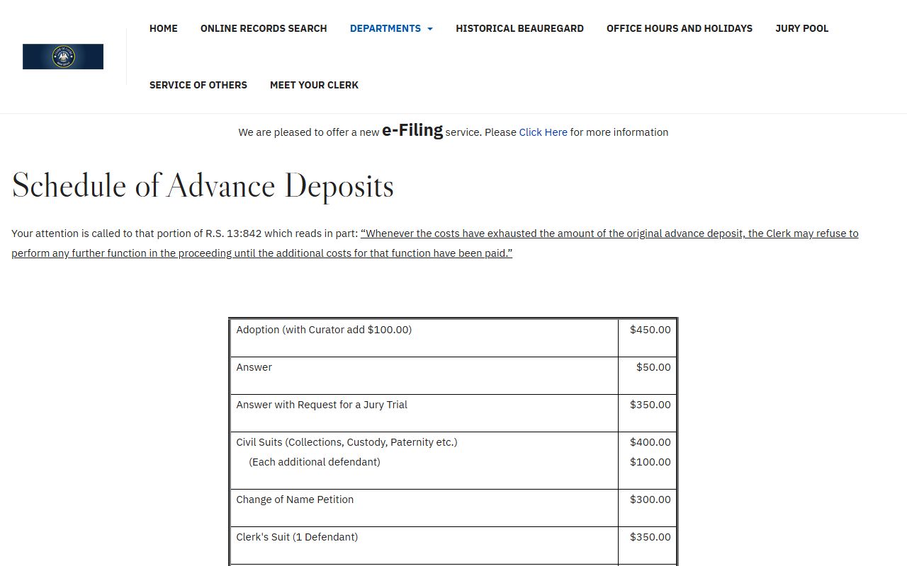 Beauregard Parish divorce records civil advance deposit schedule