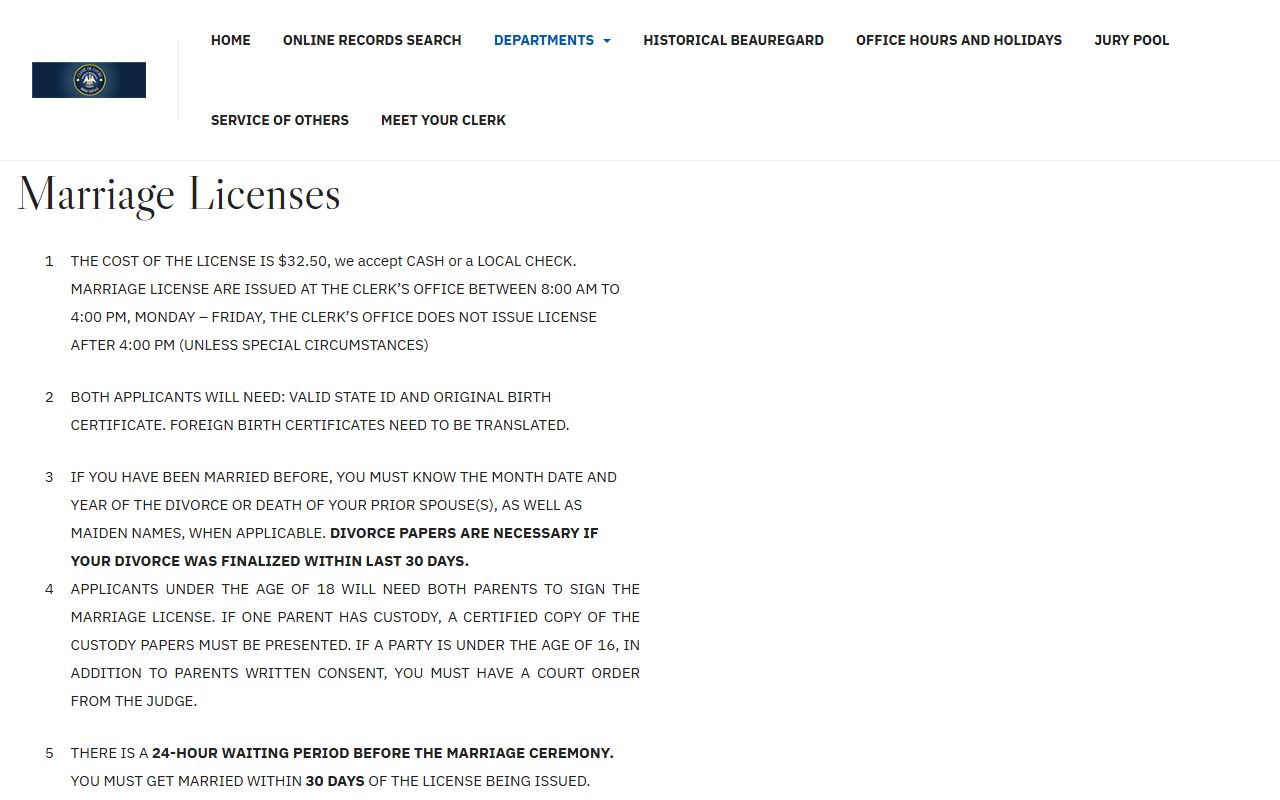 Beauregard Parish marriage records and Clerk marriage license requirements