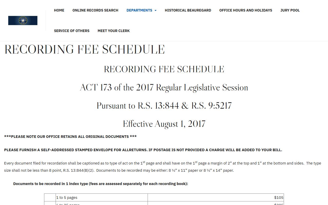 Beauregard Parish probate records Clerk recording fee schedule