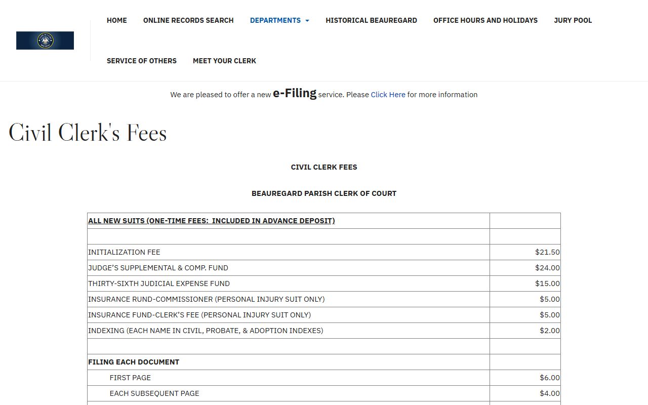 Beauregard Parish probate records civil copy and filing fees